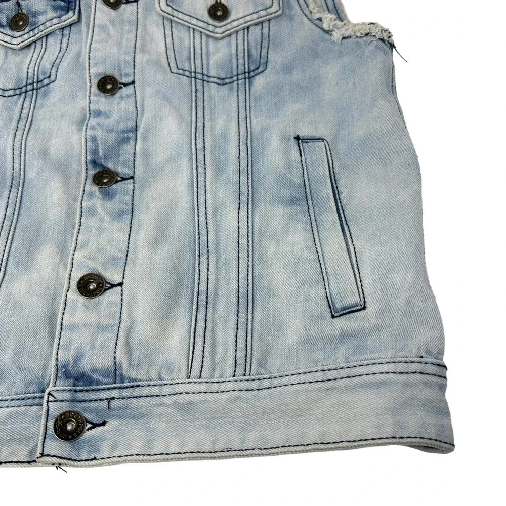 Southpole Mens Jean‎ Jacket Vest Denim American Flag Patch Distressed Blue Small